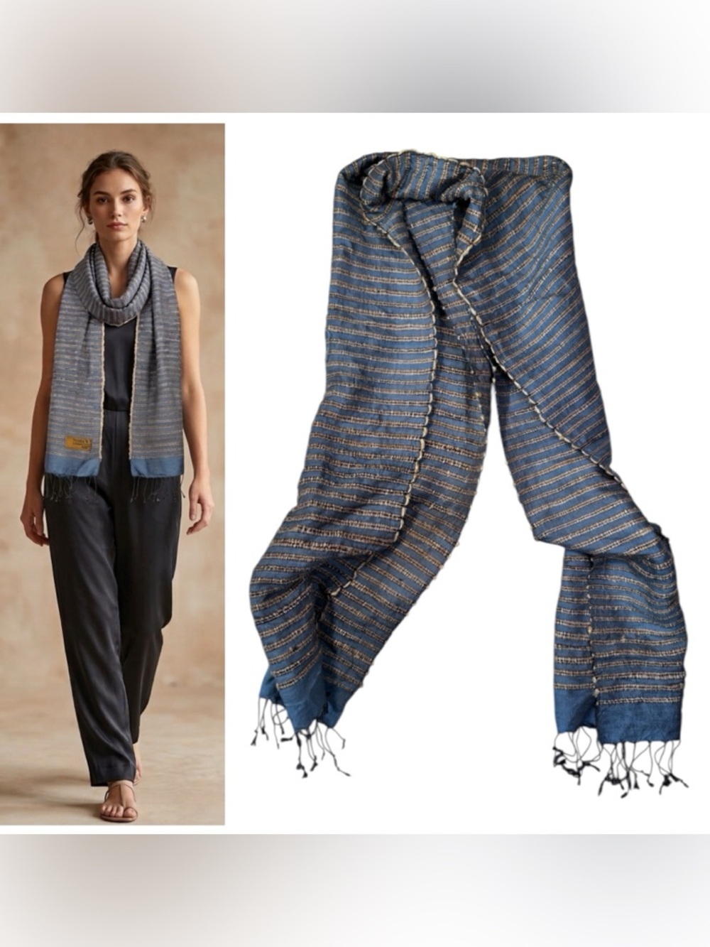 Thai 100% Silk Artisan Scarf Wrap Handwoven BlueGold Stripe Texture Tassels Boho